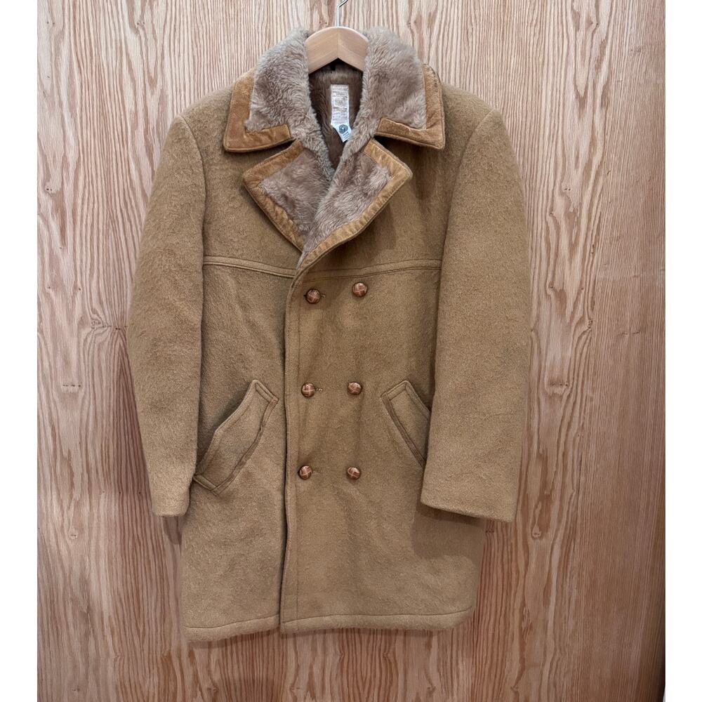 Vtg Hudson Bay Wool Peacoat Suede Trim Camel Tan Men's Large